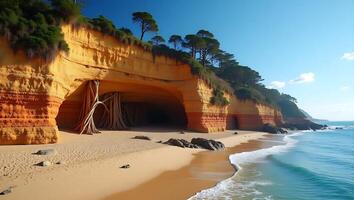 Coastal cliffs with tree roots and sandy beach under clear blue sky photo