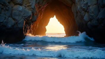 Sunrise through a coastal rock formation with waves crashing below photo