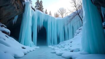 Snowy cave with icy blue formations and winter trees in the background photo