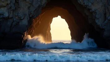 Beautiful sunset through coastal rock arch with crashing waves photo