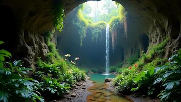 Waterfall cascading into a lush cave surrounded by greenery and tropical plants photo