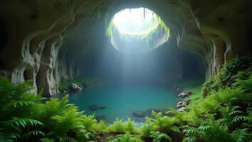 Sunlight filtering through cave opening onto tranquil water and lush ferns photo