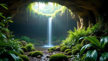 Lush waterfall cascading into a hidden cave surrounded by moss and greenery photo