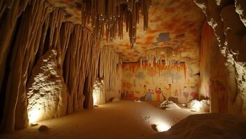 Ancient cave with unique stalactites and historical wall paintings in a dimly lit space photo