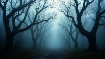 Misty path lined with bare trees on a foggy day in a secluded forest photo