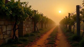 Sun rising over misty vineyard path with lush grapevines and golden light photo