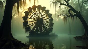 Old ferris wheel in misty bayou at sunrise with twisted trees and reflections photo