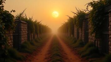 Sunset over a vineyard path with tall grapevines and rustic fences photo
