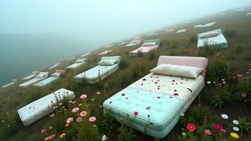 Mattresses scattered over a grassy hill covered in flowers and fog photo