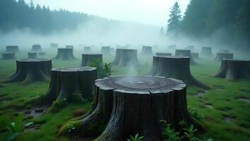 Tree stumps in misty forest with green grass and fog covering the ground photo