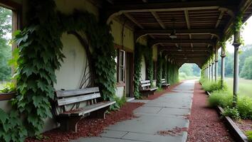 Nature embraces an abandoned corridor with leafy vines and rustic benches photo