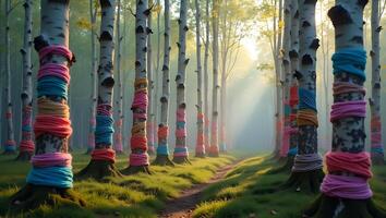 Colorful yarn wrapped around trees in a sunny forest path under soft light photo