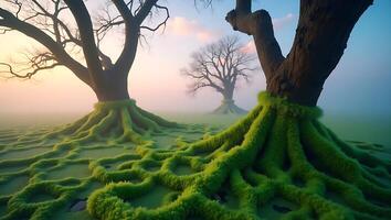 Tree roots covered in moss with misty background at dawn photo