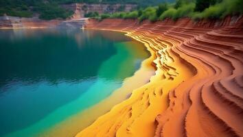 Colorful shoreline with layered sand and clear water in a tranquil setting photo