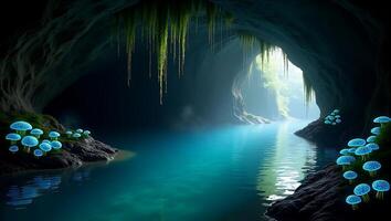 Calm waters reflecting light in a cave with glowing mushrooms and lush greenery photo