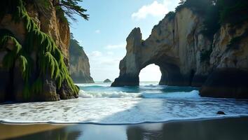 Coastal cliffs with beach and archway formation near the ocean at midday photo