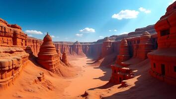 Stunning red rock formations under a clear blue sky with clouds in the distance photo