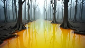 Misty forest with reflective golden water and bare trees in a foggy setting photo
