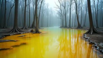 Misty forest with yellow water reflecting tree trunks and foggy atmosphere photo