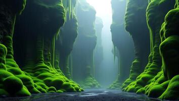 Stunning green canyon with lush moss and soft light filtering through photo
