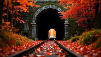 Autumn leaves frame a railway tunnel with glowing light at the end photo