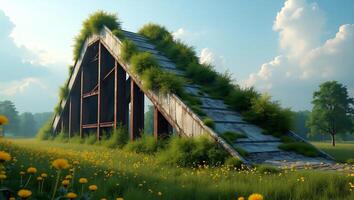 Abandoned structure covered in grass and flowers amidst green fields on a sunny day photo