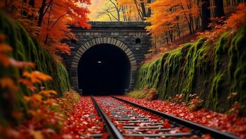 Rail tracks lead to a dark tunnel surrounded by colorful autumn foliage photo