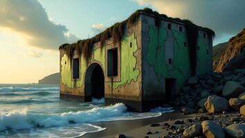 Abandoned structure by the beach with green graffiti and ocean waves photo