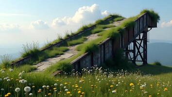 Abandoned structure covered in grass and flowers on a hillside photo