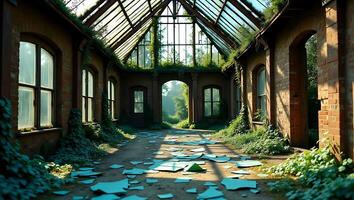 Abandoned glasshouse filled with lush greenery and broken tiles photo