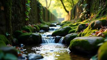 Calm water flowing through moss-covered rocks in a forested area during afternoon light photo