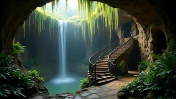 Staircase leading to waterfall in lush cave with greenery and natural light photo