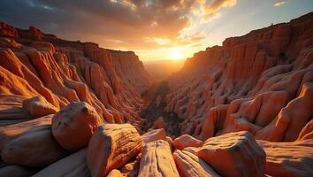 Sunset over red rock canyon revealing textured formations and scenic vistas photo