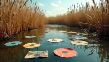 Floating CDs in calm water surrounded by tall grass in natural setting photo