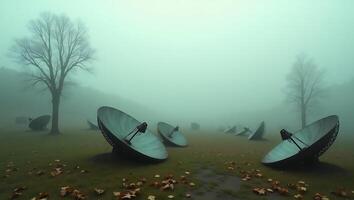 Satellite dishes in a foggy field with a lone tree standing tall photo