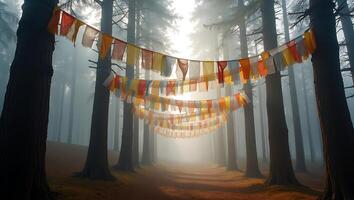 Colorful banners hanging in a foggy forest with tall trees photo