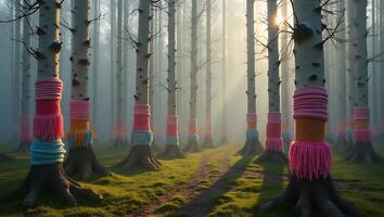 Colorful yarn-wrapped trees in a misty forest at dawn with soft sunlight photo