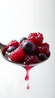 Closeup of berries on a spoon dripping with red juice in a clean setting photo