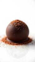 Closeup of a chocolate truffle surrounded by cocoa powder on a white surface photo