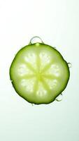 Closeup of a fresh cucumber slice with water droplets on a light background photo
