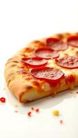 Closeup view of a delicious pepperoni pizza slice with melted cheese photo