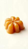 Closeup view of a glossy caramel dessert on a plain surface photo
