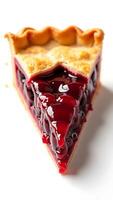 Closeup of a slice of cherry pie showcasing its rich filling and flaky crust photo