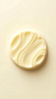 Closeup view of a round creamy texture with smooth swirls against a light backdrop photo