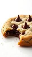 Closeup view of a chocolate chip cookie with a bite taken and chocolate kisses on top photo