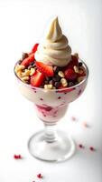 Delicious soft serve dessert topped with fresh strawberries and chocolate bits photo