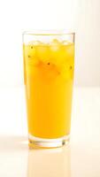 Extreme closeup of a refreshing drink with ice in a clear glass on a clean surface photo