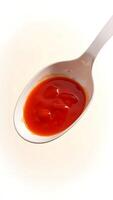 Closeup view of a white spoon filled with rich red sauce on a neutral background photo