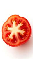 Closeup view of a sliced red tomato showcasing its seeds and interior structure photo