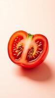Closeup view of a sliced ripe tomato showcasing seeds and texture details photo